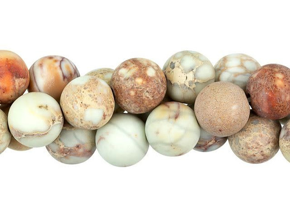 Bold style fills these Dakota Stones impression jasper beads. They are large in size and perfectly round, so try them in bracelets and necklaces. Impression jasper naturally occurs in colors of tan, pale blue-green and crimson in striking patterns. It is often color-enhanced to bring out these patterns, however this is the natural stone with no color enhancement. You'll love the organic matte appearance. Metaphysical properties: Impression Jasper is used to find clarity and inner peace. Because gemstones are natural materials, appearances may vary from piece to piece. Each strand includes approximately 38 beads.