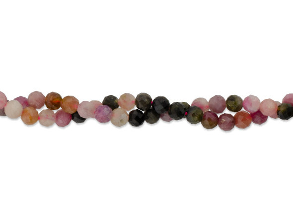 Add sparkling gemstone accents to your designs with this Dakota Stones diamond cut faceted round tourmaline bead strand. These gemstone beads feature a round shape with diamond cut facets that catch the light from any angle.  These beads feature a variety of colors, from dark pink and forest green, to ivory, brown, and gray. Because gemstones are natural materials, appearances may vary from piece to piece. Size: 4mm, Hole Size: 0.8mm