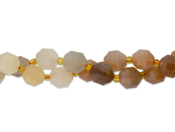 Energize your designs with this Dakota Stones peach moonstone faceted 10mm energy prism bead strand. The beads on this strand feature a faceted cut helping them catch the light. This strand features spacers between each of the beads, so you could use it as-is, or string the beads into a design. Moonstone naturally occurs in a broad spectrum of colors, but is most commonly associated with white, gray and peach. Its soft chatoyancy is reminscent of the moon's light. Metaphysically, Moonstone is said to increase intuition. Because gemstones are natural materials, appearances may vary from piece to piece. Size: 10mm, Hole Size: 0.8mm