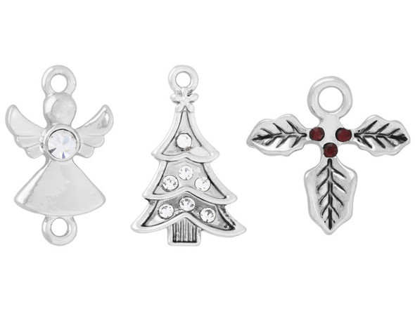 Charm Assortment - 3 Silver Charms - Sparkle Tree, Angel, and Poinsettia