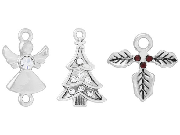 Decorate your designs with this assortment of holiday charms. This set of three charms comes with Christmas tree decorated with small crystals, an angel, and a poinsettia with small crystals. All of the charms feature loops on the top so they can easily be added to your designs. These charms feature a versatile silver shine. All charms have a hole size of about 2.0mm Charm Dimensions: Sparkle Tree 22 x 14mm, Angel 17 x 10mm, Poinsettia 15 x 15mm