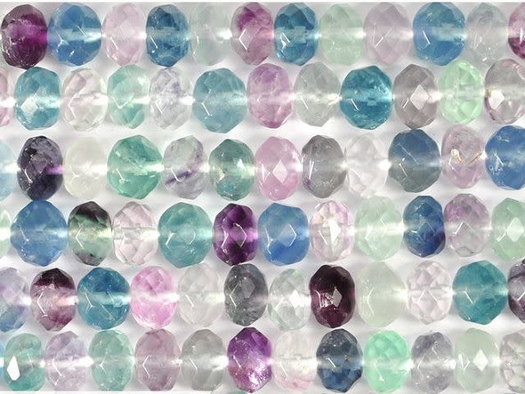 Keep your designs colorful with the Dakota Stones 8mm banded fluorite faceted roundel beads. Available by the strand, these rounded beads feature diamond-shaped facets for extra texture and sine. They are the perfect size for matching necklace and bracelet sets. These gemstone beads feature colors ranging from white to pale green, pink and purple. Often, more than one color occurs in a single stone. Use these beads in your designs today. Fluorite is a colorful mineral, both in visible and ultraviolet light. The stone has ornamental, lapidary and industrial uses. Metaphysical Properties: Known as the "Genius Stone," fluorite clears the mind of illusion and enhances concentration.Because gemstones are natural materials, appearances may vary from piece to piece. Each strand includes approximately 24 beads.