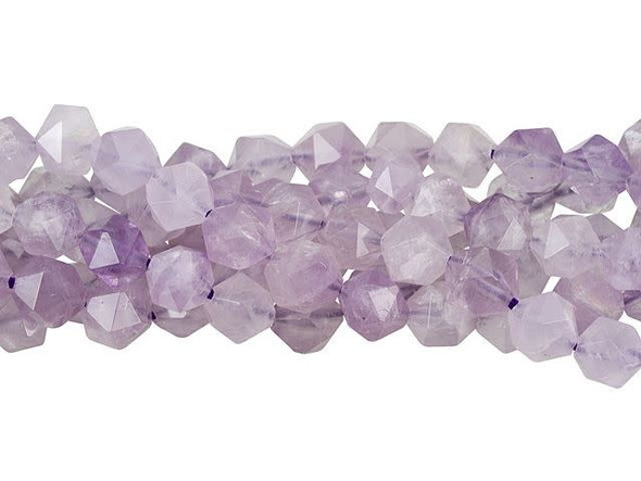 Add elegant color to designs with these Dakota Stones lavender amethyst beads. These gemstone beads feature a round shape with a star cut filled with triangular facets. You'll love using these beads in matching necklace and bracelet sets. These beads feature a pale purple color full of graceful elegance. Metaphysical Properties: People of ancient times believed amethyst to protect the wearer from drunkenness. Today, this gemstone is believed to promote happiness.Because gemstones are natural materials, appearances may vary from piece to piece. Each strand includes approximately 48 beads. Our amethyst beads have nice, deep color, but may show natural inclusions.