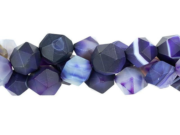 Enchanting style fills these Dakota Stones beads. These gemstone beads feature a round shape with a star cut filled with triangular facets. With 20 facets, a star cut gemstone enhances even the most intense colors. It makes a great complement to PRESTIGE bicones and you can try it in wire-wrapping projects, too. These beads are large in size, so you can easily showcase them in your designs. These beads feature purple and white colors. You'll love the matte finish. This gemstone features a distinctive, high-contrast banding throughout the stone. Metaphysical Properties: Sardonyx is believed by some to improve memory and increase analytical skills. Because gemstones are natural materials, appearances may vary from bead to bead. Each strand includes approximately 40 beads. These stones have been dyed to produce vibrant color and pattern.