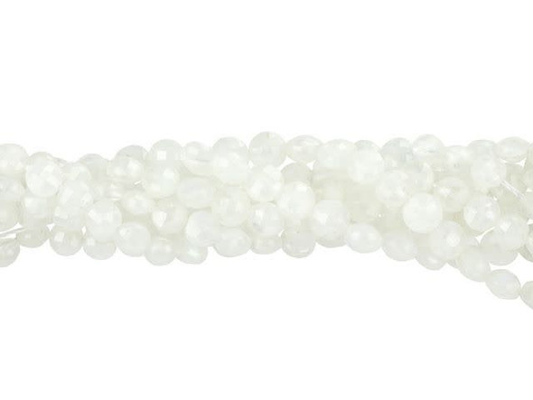 Captivating style fills these Dakota Stones white moonstone beads. These small gemstone beads feature a circular shape with a puffed edge and a checkerboard faceted face. The surface catches the light in a multitude of directions. The stringing hole is wide enough to use with 20 gauge wire. Use these small beads as accents of color and shine in all kinds of jewelry projects. They feature cloudy white color with a subtle iridescent fire. Metaphysical Properties: Moonstone is said to be a stone of love and is believed to aid in self-expression. Because gemstones are natural materials, appearances may vary from piece to piece. Each strand includes approximately 99 beads.