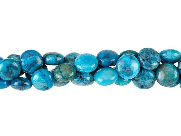 Bring fun gemstone style to your jewelry with these Dakota Stones beads. The puff coin shape is wonderfully versatile. You can use these beads as an accent to lend extra color or dimension to a statement piece or you can use them as substitutes for rounds in simple strung and knotted designs. They also work as focal elements in a structured piece of bead weaving. Mexican crazy lace agate is normally an opaque white gemstone with swirling patterns, but these beads are color enhanced with blue coloring to emphasize these beautiful patterns. Color enhancing is common amongst agates to make them fashionably relevant. Metaphysical Properties: Often called the happy stone, crazy lace agate promotes laughter and optimism.Because gemstones are natural materials, appearances may vary from piece to piece. Each strand includes approximately 25 beads.