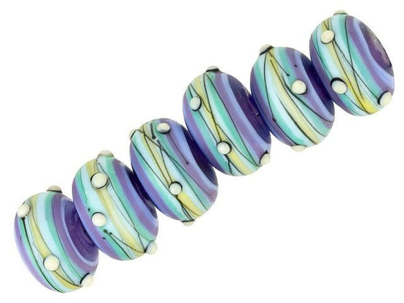 Put a touch of whimsical style into your projects with the Grace Lampwork Swirl Party rondelle beads. These rounded beads feature frosted light purple, teal, and aqua stripes decorated with black lines and white dots. These elegant and sophisticated beads have the perfect amount of fun style to spice up your designs. You'll love adding these beads to your necklace and bracelet designs. This item is handmade, so appearances may vary.