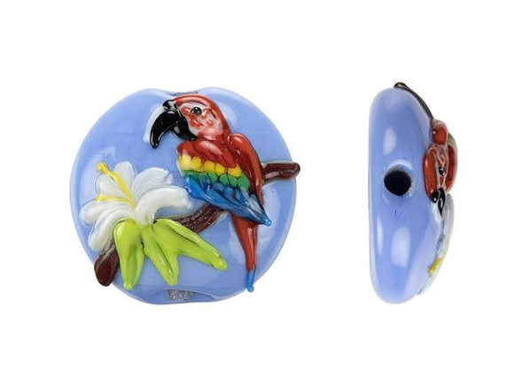 Bring a tropical touch to designs with this Grace Lampwork bead. This bead features a circular lentil shape with a slightly domed front. The front is decorated with a raised design of a colorful parrot sitting on a branch with a hibiscus flower. You'll love all of the bright colors on display. The back is flat and undecorated. String this bead onto a head pin for a fun pendant, use it at the center of a bracelet, or try it in bead embroidery. This item is handmade, so appearances may vary.