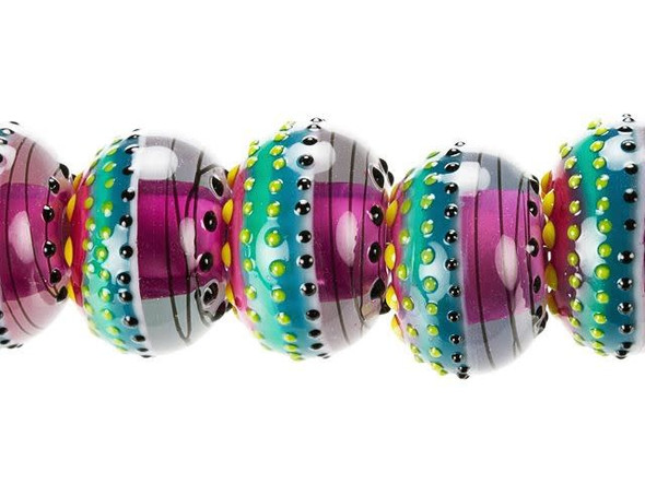Liven up your style with these Grace Lampwork beads. These beads feature a bold round shape and display stripes and dots in vibrant colors like dark pink, teal, green, yellow, and black. They're sure to create a party in your style. You can use these beads together in jewelry sets for wonderful style. They feature wide stringing holes, so you can use them with thicker stringing materials, like silk ribbon. This item is handmade, so appearances may vary.