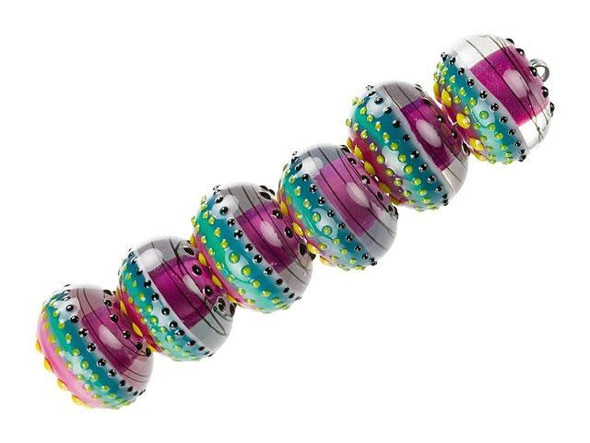 Liven up your style with these Grace Lampwork beads. These beads feature a bold round shape and display stripes and dots in vibrant colors like dark pink, teal, green, yellow, and black. They're sure to create a party in your style. You can use these beads together in jewelry sets for wonderful style. They feature wide stringing holes, so you can use them with thicker stringing materials, like silk ribbon. This item is handmade, so appearances may vary.