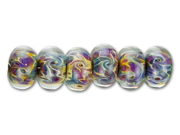 Create colorful styles with the Grace Lampwork multi-color swirled round bead strand. These beads feature a classic roundel shape that will work anywhere. Their bold size will stand out in necklaces and bracelets. You can even dangle them on head pins as focal beads. Each bead is made from glass that holds swirling yellow, pink, purple and blue colors within. You'll love the magical and mesmerizing style.This item is handmade, so appearances may vary.