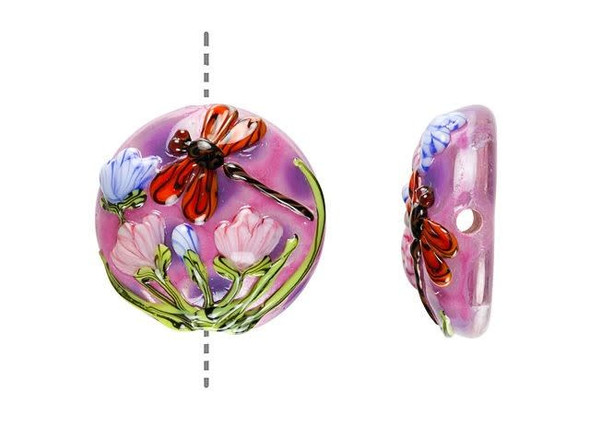 Decorate designs with the beauty of the Grace Lampwork red and violet dragonfly garden lentil focal bead. This bead is round in shape and features a domed front. The back is flat, so it will lay nicely in designs. This pink and purple bead is decorated with a red and black dragonfly flying near blue and pink flowers. This raised design stands out on the front surface of the bead. String this bead onto a head pin to turn it into a pendant or add it to bead embroidery.This item is handmade, so appearances may vary. Length 24-26mm, Width 25-25.5mm
