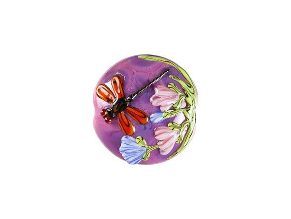 Decorate designs with the beauty of the Grace Lampwork red and violet dragonfly garden lentil focal bead. This bead is round in shape and features a domed front. The back is flat, so it will lay nicely in designs. This pink and purple bead is decorated with a red and black dragonfly flying near blue and pink flowers. This raised design stands out on the front surface of the bead. String this bead onto a head pin to turn it into a pendant or add it to bead embroidery.This item is handmade, so appearances may vary. Length 24-26mm, Width 25-25.5mm