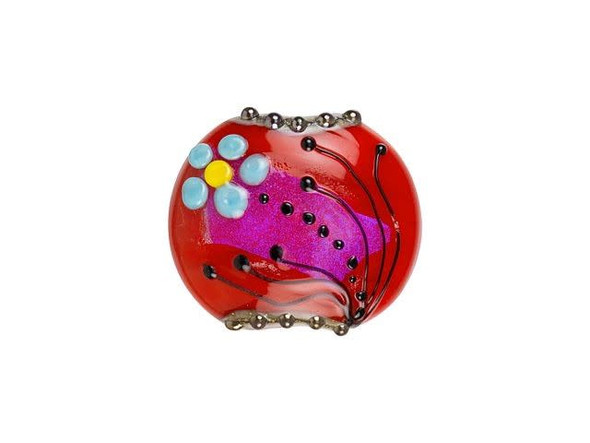 Magical colors come together in this Grace Lampwork bead. This bead features a circular lentil shape with a slightly domed front. The front is decorated with a turquoise and yellow daisy and black swirls and dots. The inside of the glass is red and shimmers with magical hints of hot pink. The back is flat and undecorated. You can use this bead as a pendant either on a head pin or at the center of bead embroidery. It would also look great in stringing projects. This item is handmade, so appearances may vary.Hole Size 2.6mm/10 gauge, Length 23.5mm, Width 26mm