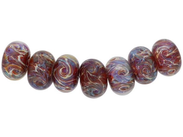 Capture a fiery glimpse of passion and beauty with these Grace Lampwork roundel beads. These handmade glass beads each display a warm pink to purple-toned hue with a slightly transparent finish. Each bead is also detailed with sharp swirls of yellow that resemble explosive flames roaring inside their shape. Use these beads as cool focal pieces in any type of jewelry. Match their bright colors with shades of red or orange.This item is handmade, so appearances may vary. Diameter 13-13.5mm, Length 8.5-9.5mm