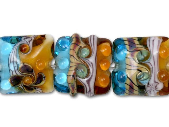 These gorgeous beads will make your designs the focus of attention. They are ideal for earrings, bracelets, and necklaces. Use just one bead on a cell phone finding. Mix them with pearls, gemstone beads, and PRESTIGE Crystal. The intense color of these seven beads simply has to be seen in person. These Grace Lampwork beads feature sunset orange color that fades into ocean blues. Swirls and dots cover the square surface of each bead, creating a textured display.This item is handmade, so appearances may vary. Length 12.5-14mm, Width 14.5-15.5mm