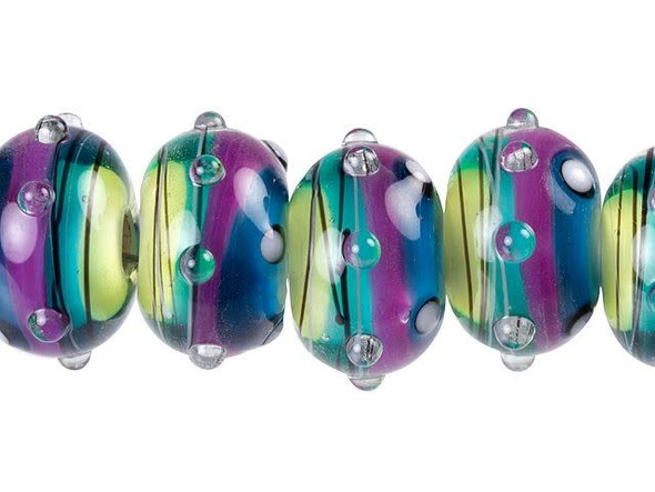 Enhance your style with the amazing look of these Grace Lampwork beads. These beads feature a rounded shape, perfect for all sorts of jewelry designs. The glass features lime green, purple, and teal colors within, while the surface boasts stripes and raised dots. Add these beads to necklaces, bracelets, and even earrings. They're sure to stand out.This item is handmade, so appearances may vary. Diameter 14.5mm, Length 8-8.5mm