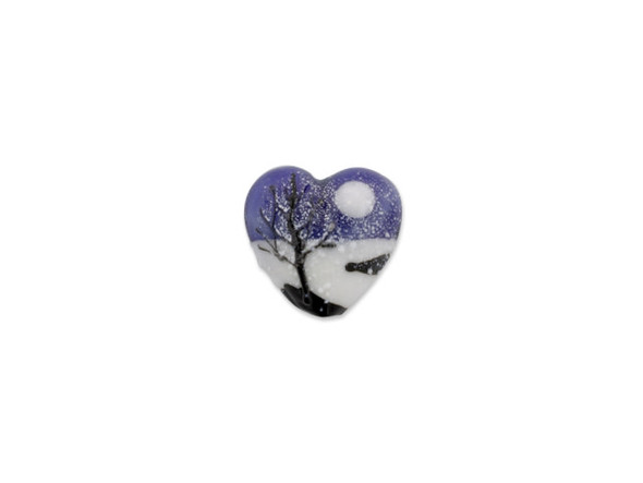 Let it snow with this Grace Lampwork bead.  This bead features a subtle heart shape with a puffed dimension. The bead features a scene of a winter tree against a blue night sky with white snow on the ground and fluttering in the air. The stringing hole runs vertically through the heart, so you can turn it into a pendant with a head pin or simply string it into designs. This item is handmade, so appearances may vary. Dimensions: 19.5 x 18.5mm, Hole Size: 2.5mm