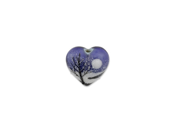 Let it snow with this Grace Lampwork bead.  This bead features a subtle heart shape with a puffed dimension. The bead features a scene of a winter tree against a blue night sky with white snow on the ground and fluttering in the air. The stringing hole runs vertically through the heart, so you can turn it into a pendant with a head pin or simply string it into designs. This item is handmade, so appearances may vary. Dimensions: 19.5 x 18.5mm, Hole Size: 2.5mm