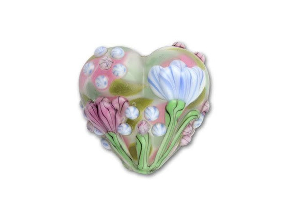 Swirls of pink, green, and white are wrapped in clear glass to create the background for this stunning large floral heart bead. The surface of the bead is detailed with a bouquet of pink and blue flowers. Use this exquisitely detailed bead as the focal point for a necklace. Because this lampwork bead is handmade by a glass artisan, each bead will vary slightly.This item is handmade, so appearances may vary. Length 18.5-19mm, Width 19.5mm