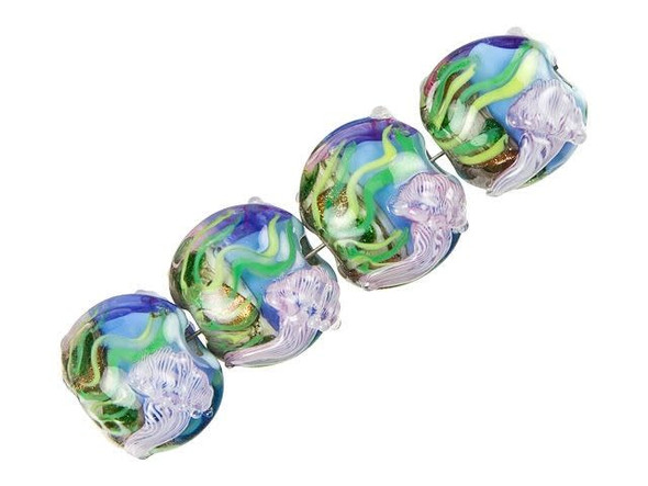 Indulge in the depths of sea life by adding our Sea Jellies Lentil Bead Strand to your DIY jewelry collection. These exquisite glass beads, crafted by Grace Lampwork, perfectly capture the ethereal beauty of these graceful creatures. The lentil and coin shapes add a unique elegance to your creations, while the tranquil hues of blue and green transport you to an underwater paradise. Our set of four beads is perfect for creating a mesmerizing centerpiece or adding a touch of charm to a bracelet. Shop now and let your imagination dive deep into the mystic world of the ocean.