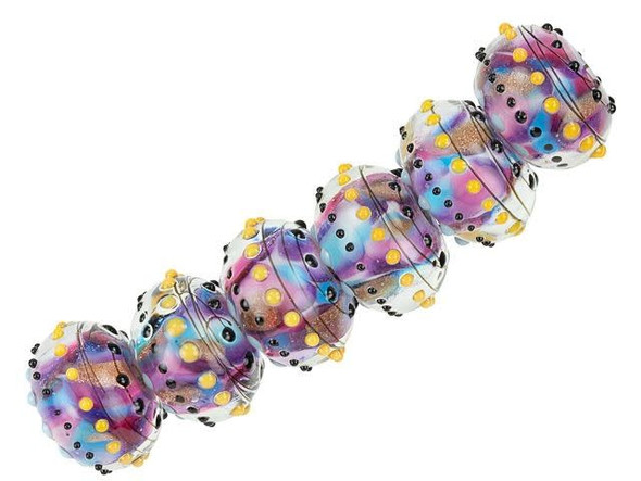 Put a touch of whimsical style into your projects with the Grace Lampwork Swirl Party rondelle beads. These rounded beads feature light purple, pink, and aqua swirls within the glass. The surface of each bead is decorated with black dots and stripes and yellow dots. These sweet beads have the perfect amount of fun style to spice up your designs. You'll love adding these beads to your necklace and bracelet designs.This item is handmade, so appearances may vary.