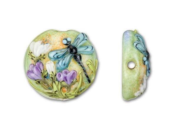 With this Grace Lampwork bead, you can create a wonderful focus for your next jewelry design. The front, raised surface of this bead features the cheerful scene of a dragonfly with blue wings fluttering by sprouting purple and white flowers. This adorable image is set against a spring green backdrop accented with tiny spurts of orange. While the front of this lampwork bead is full of detail, the back is flat and smooth. Use it as a fun focal piece in your next necklace or bracelet.This item is handmade, so appearances may vary. Diameter 25mm, Length 25mm, Total Height 10mm