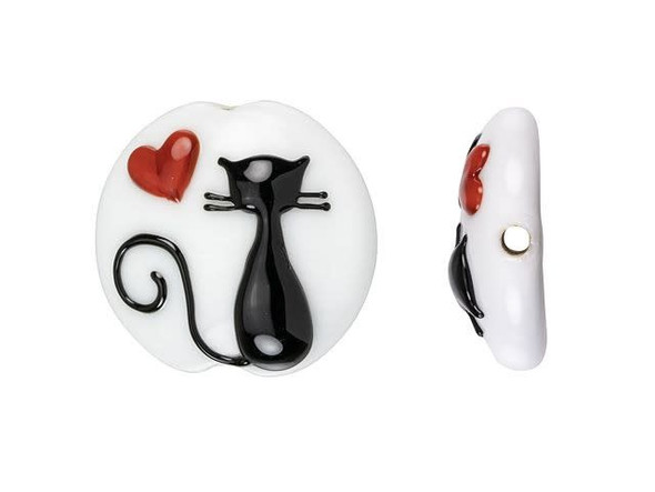 Display kitty cuteness in your style with this Grace Lampwork bead. This bead features a coin or lentil shape. The front is decorated with a raised design of a black cat silhouette with a red heart on a creamy white background. It's perfect for any cat lover. The front is slightly domed, so it will stand out in designs. The back of the bead is flat and plain. String this bead onto a head pin for a quick pendant or try it at the center of bead embroidery. This item is handmade, so appearances may vary.