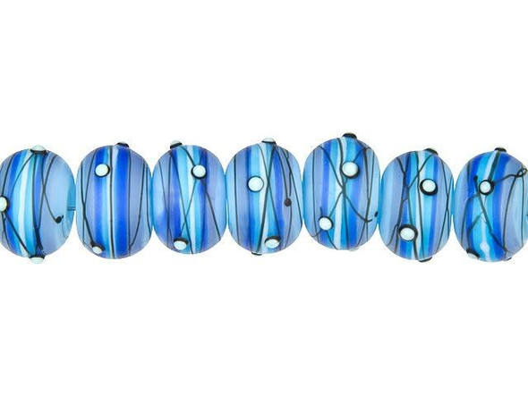 Add cool accents to your designs with these Grace Lampwork beads. These rounded beads feature frosted glass in beautiful blue tones decorated with black lines and icy dots. These beads will put you in mind of arctic landscapes. They have wide stringing holes, so you can use them with thicker stringing materials like leather and ribbon. Try using them with other blue tones for a winter style. They will work in necklaces and bracelets alike. This item is handmade, so appearances may vary.