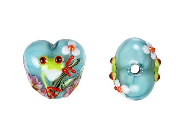 Liven up your style with this Grace Lampwork bead. This bead features a subtle heart shape and a puffed dimension that will stand out in your jewelry designs. Both sides are decorated with a bright green tree frog staring with red eyes. The frog is surrounded by sweet pink and white flowers on a soft blue background. You can add this bead to a head pin for a quick pendant or try it at the center of a bracelet design. It will add cheerful beauty anywhere.This item is handmade, so appearances may vary.19.4 x 18.4mm