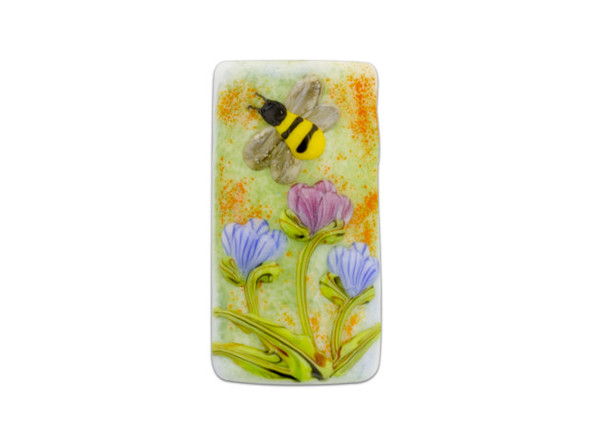 Bring the beauty of nature to your designs with this Grace Lampwork bead. This bead features a rectangular shape and a puffed dimension that will stand out in your jewelry designs. Both sides are decorated with a scene of a bumblebee buzzing among flowers in bloom. Showcase this bead in a stringing project, dangle it from a head pin for a quick pendant, and more. It will make a bold statement anywhere. This item is handmade, so appearances may vary. Dimensions: 38 x 20mm, Hole Size: 2.5mm