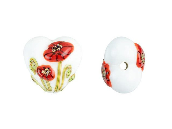 Transform any DIY jewelry project into a stunning masterpiece with the Grace Lampwork California Poppy Flower Heart Focal Bead. With its bold and beautiful red poppy flowers on a white background, this bead instantly captivates and adds a splash of nature's brilliance to any design. This heart-shaped glass bead is versatile and can be showcased in a stringing project, dangled from a headpin for a quick pendant, or incorporated into any craft project to elevate its aesthetic value. This handmade item is uniquely crafted, and its appearances may vary. Make a statement and give your jewelry or craft creation a touch of grace and charm with this magnificent California Poppy Flower Heart Focal Bead.