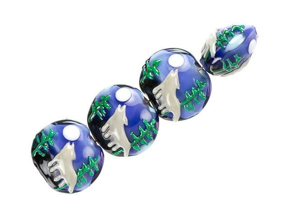 Bring some mystery to designs with these Grace Lampwork beads. These beads are round in shape and feature a slightly puffed dimension. They are decorated with a gray wolf howling at the moon, with green pine trees and a midnight blue sky in the background. This design is featured on both sides of each bead, so they will look great from any angle. Use these beads in necklaces, bracelets, or earrings. They are perfect for nature lovers or anyone who hears the call of the wildThis item is handmade, so appearances may vary.