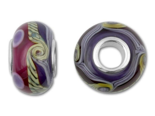 Created with Venetian and German glass, this beautiful Grace Lampwork roundel is extremely consistent and features the intricate detail that will inspire gorgeous jewelry designs. This silver-lined bead has a pink and purple background with swirls of purple and beige, creating the appearance of crashing waves. String this large-hole roundel on one of our necklaces or bracelets along with silvery beads for an artistic look.This item is handmade, so appearances may vary. This bead is compatible with Pandora, Trollbeads and Chamilia designs, as well as other European style bracelets. Length 7-8mm, Width 13-15mm