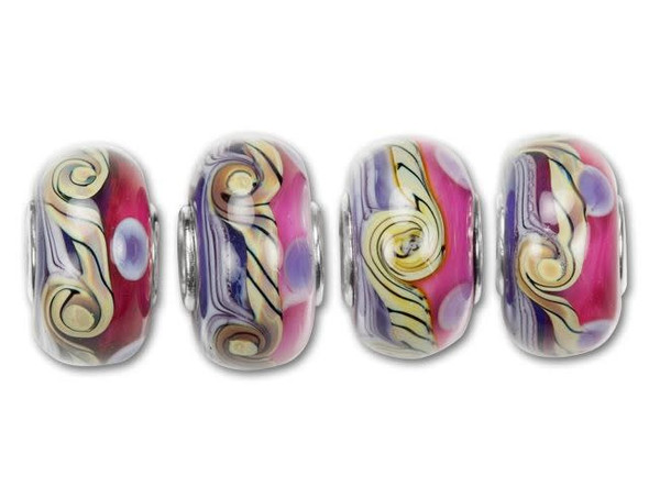 Created with Venetian and German glass, this beautiful Grace Lampwork roundel is extremely consistent and features the intricate detail that will inspire gorgeous jewelry designs. This silver-lined bead has a pink and purple background with swirls of purple and beige, creating the appearance of crashing waves. String this large-hole roundel on one of our necklaces or bracelets along with silvery beads for an artistic look.This item is handmade, so appearances may vary. This bead is compatible with Pandora, Trollbeads and Chamilia designs, as well as other European style bracelets. Length 7-8mm, Width 13-15mm