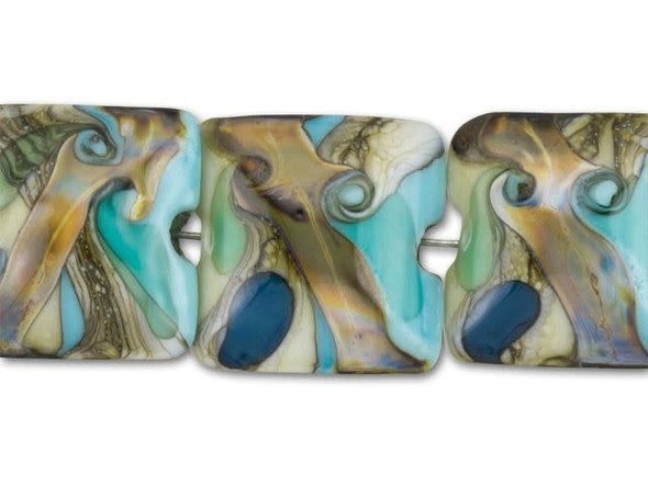Give your designs swirling touches of sea-like beauty with these Grace Lampwork beads. These square beads feature light blue glass with swirling ivory white, navy blue and sea-foam green shapes that are reminiscent of color palettes you would find at the beach. The complementing colors and intriguing shape would be fun for bracelets and necklaces alike or even a pair of bold earrings. Use with shell beads for a design that has a strong connection to the ocean.This item is handmade, so appearances may vary. Length 15mm, Width 15-15.5mm