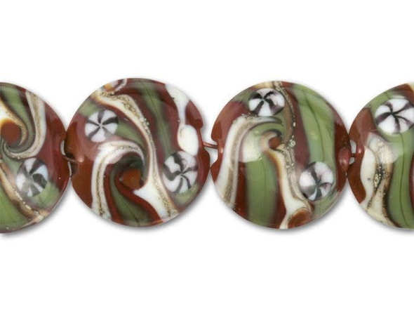 These seven lampwork disc-shaped beads have an opaque brown base decorated with olive green and ivory swirls. The black and white striped rounds scattered over the top of this design look like tiny peppermint candies. You can use these beads to create a detailed earth tone bracelet or choose one as the focal point on a necklace.This item is handmade, so appearances may vary. Length 14mm, Width 15mm