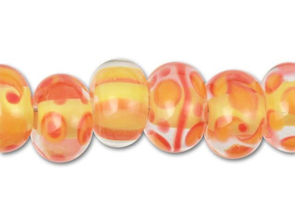 Give your designs vibrant color with these fancy yellow and orange roundels. They come in a set of seven and are lined with a yellow core. Each bead features a different pattern of orange stripes, dots, or swirls. You can easily use them together as part of a bracelet or necklace. Because these beads are handmade by a glass artisan, individual beads will vary.This item is handmade, so appearances may vary. Length 7.5-8.5mm, Width 13mm