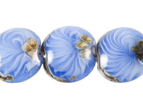 Put the style of the sea into your designs. These Grace Lampwork beads feature wave-like patterns in blue, with hints of sand and sea-shell colors. The round lentil shapes are the perfect way to display these patterns in your projects. Add them as focal pieces in necklaces and bracelets. They are the perfect option for ocean-themed designs.This item is handmade, so appearances may vary. Length 13.5-14mm, Width 15mm