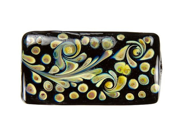 The intense detail and craftsmanship of this artisan lampwork bead makes it a perfect focal piece for your jewelry designs. Each bead is handcrafted in the USA using Murano and German glass. This rectangular bead features swirling patterns on a black background, perfect for creating striking style. String it onto a head pin to create a wonderful pendant for your necklace designs.This item is handmade, so appearances may vary. Length 38.5mm, Width 20mm