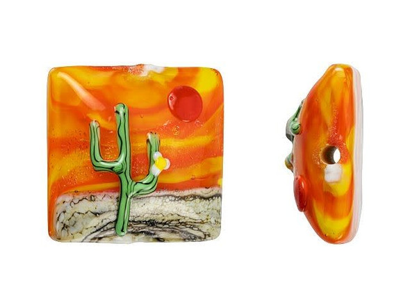 Unleash your inner artist with the Grace Lampwork Cactus Sunset Pillow Focal Bead. This magnificent bead boasts a unique square and cube shape design decorated with a raised scene of the desert. A green cactus set against an orange and yellow sunset sky, complete with a red sun that radiates with warmth, giving it that perfect desert vibe. It's excellent for creating Southwest-style jewelry and bead embroidery projects. Handmade with precision, the front of the bead features a puffed dimension that is sure to impress. The back lays flat, allowing you versatility in designs. Ignite your creativity and add this outstanding piece to your collection!