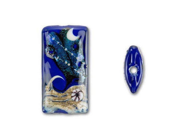 Use this Grace Lampwork bead as the focal point in your next jewelry idea with a rich and romantic feel. Its large, rectangular shape helps beautifully display the intricate beach scene across its surface. A dark blue night sky, lit up with sparkling dichroic components to make it twinkle like stars, is the backdrop for a sandy beach and crashing wave. One tiny striped shell that is raised from the surface brings the entire image together. With a stringing hole that runs top to bottom, you could thread this bead onto a head pin and use it as a pendant.This item is handmade, so appearances may vary. StunningEven more beautiful than the picture shows SO ARTISTIC Can hardly wait to create a necklace with this bead as the focal JennieDepth 8.5-9mm, Length 38.5-39mm, Width 20.5-21mm