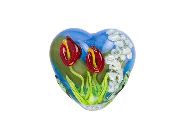 Sweet spring style fills this Grace Lampwork bead. This bead is shaped like a heart and features a puffed dimension. Both sides of the bead are decorated with a raised design of red Calla Lilies surrounded by white Baby's Breath and green grass, with a blue sky background. You can string this bead on a head pin to turn it into a wonderful focal for a necklace, or string it into a lovely bracelet. It's a great option for springtime looks. This item is handmade, so appearances may vary.Hole Size 2.6mm/10 gauge, Length 18.5mm, Width 19.5mm