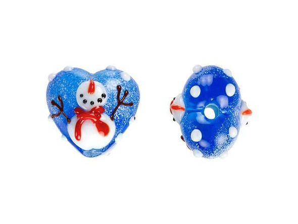 Showcase your love of winter with this Grace Lampwork bead. This bead features a subtle heart shape and a puffed dimension that will stand out in your jewelry designs. Both sides are decorated with a cheerful snowman looking up at the snowballs he's juggling. You'll love the flurry of snow behind him on the blue background. You can add this bead to a head pin for a quick pendant or try it at the center of a bracelet design. It's perfect for the holidays. This item is handmade, so appearances may vary.