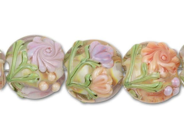 Provide your designs with delicate detail using these floral mix disc beads. Each of the handmade glass lampwork beads in this seven-piece set features a different design. The beads all have a white center surrounded in clear glass and decorated with light orange or purple flowers. Some beads have dots as accents, while others display fragile buds. These beads are perfect for spring or pastel designs.This item is handmade, so appearances may vary. Length 13-14mm, Width 14.5-15mm