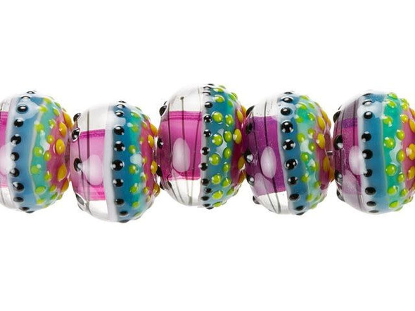 Keep your designs colorful with these Grace Lampwork beads. These beads feature a classic rounded shape and display stripes and dots in vibrant colors like aqua, hot pink, yellow, and black. They're sure to create a party in your style. Use them together in jewelry sets. They will stand out in necklaces and bracelets, alike. They feature wide stringing holes, so you can use them with thicker stringing materials, like silk ribbon. This item is handmade, so appearances may vary.