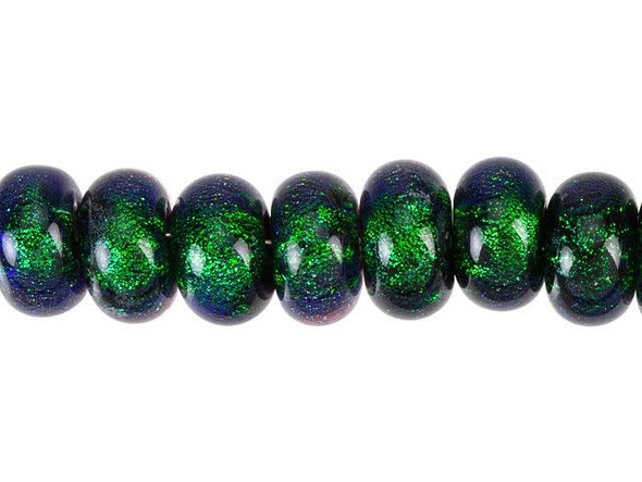 Mysterious glitter creates an enchanting display in these Grace Lampwork beads. These beads display a deep green color that glitters from within. Pair it with dark purple for a captivating display, or try it with gold for a truly luxurious look. These beads feature a classic roundel shape that will work in a variety of styles. Try them as spacers in necklaces and bracelets or make them the focal of an earring design. These beads are available by the strand, giving you ten beautiful beads to work with.This item is handmade, so appearances may vary. Diameter 9.5-10mm, Length 5.5-6mm