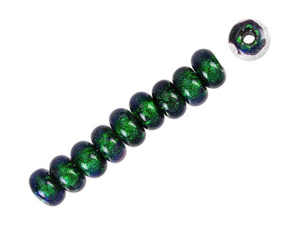 Mysterious glitter creates an enchanting display in these Grace Lampwork beads. These beads display a deep green color that glitters from within. Pair it with dark purple for a captivating display, or try it with gold for a truly luxurious look. These beads feature a classic roundel shape that will work in a variety of styles. Try them as spacers in necklaces and bracelets or make them the focal of an earring design. These beads are available by the strand, giving you ten beautiful beads to work with.This item is handmade, so appearances may vary. Diameter 9.5-10mm, Length 5.5-6mm