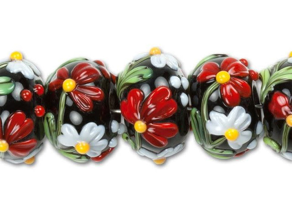 Add pops of floral style to designs with the Grace Lampwork Maria's bouquet roundel bead strand. These beads feature the classic roundel shape. They would make excellent spacers. Each one features swirling red and white flowers with green stems on a black background. The flowers pop against the black background, as they will in your designs. Try these beads in a fun bracelet design.This item is handmade, so appearances may vary. Diameter 13.5-14mm, Length 8.5-9mm