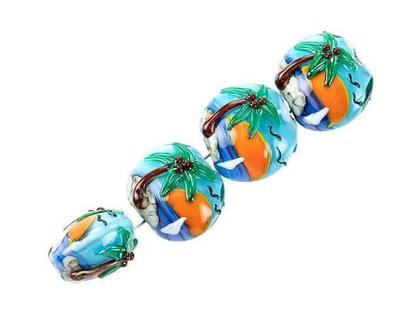 Add a tropical paradise to your designs with these Grace Lampwork beads. These beads feature a round coin shape with a puffed dimension, so they will stand out in your jewelry designs. Both sides of each bead are decorated with a tropical island scene, complete with a palm tree, ocean waves, and a large setting sun. Add these beads to necklaces, bracelet, and even earrings. This item is handmade, so appearances may vary.